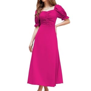 Shasmi Girl's & Women's Solid A-Line Ruched Puff Sleeve Maxi Long Evening One Piece Long Dress for Women Stylish (Dress 131) Hot Pink