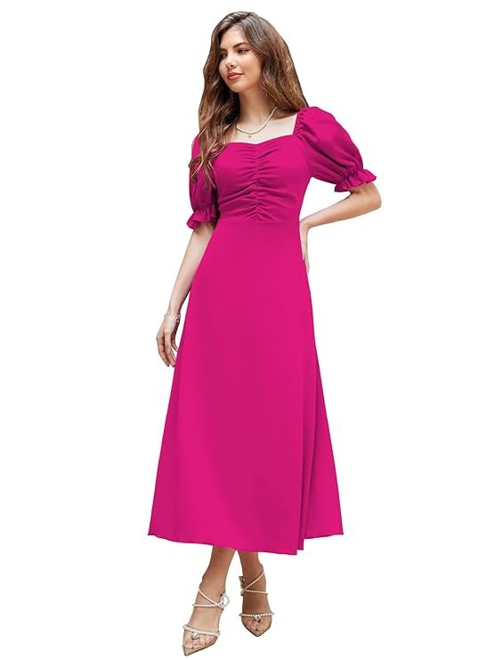 Shasmi Girl's & Women's Solid A-Line Ruched Puff Sleeve Maxi Long Evening One Piece Long Dress for Women Stylish (Dress 131) Hot Pink
