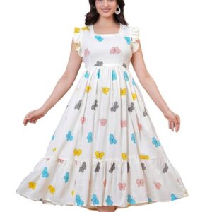 ROYALICA Women's Pure Cotton Maxi Midi Dress Western Dress for Women Elegant Floral Printed Long Dresses | Soft & Breathable Fabric | Casual Trending Dress for Women Mix White