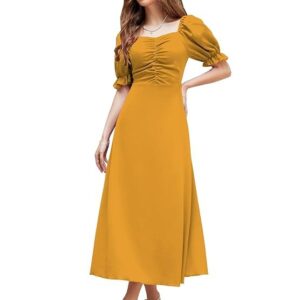 Shasmi Girl's & Women's Solid A-Line Ruched Puff Sleeve Maxi Long Evening One Piece Long Dress for Women Stylish (Dress 131) Mustard