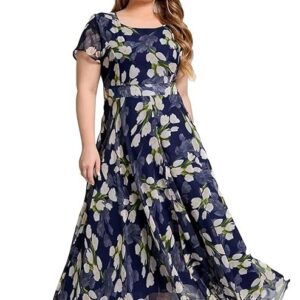 Shasmi Women's Navy Blue Georgette Digital Floral Printed Floral Printing Short Sleeve A-Line Maxi Gown Dress for Women (Gown Dress 248) Navy Blue
