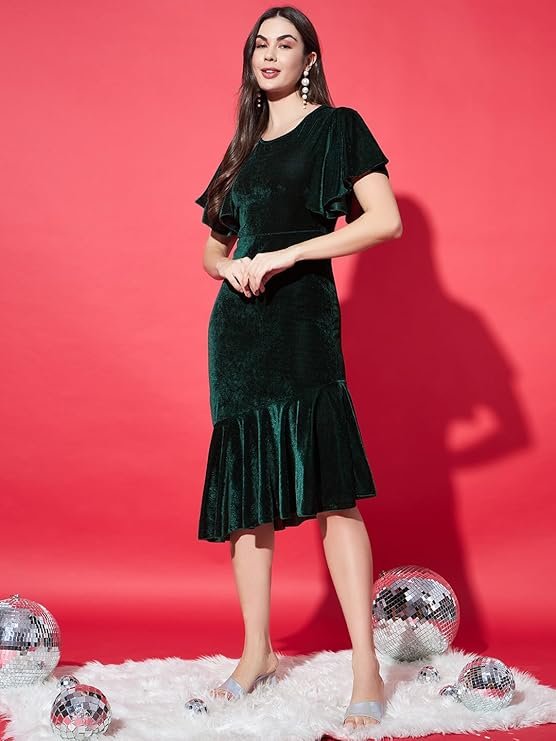 Vaararo Bodycon Party Dress for Women Ruffles Sleeves | Shiny Velvet Fabric Fish Cut Ruffle Bottom Detailing Stylish Casual Outfit Bottle Green - Image 2