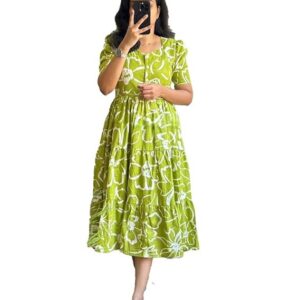 ROYALICA Women's Pure Cotton Maxi Midi Dress Western Dress for Women Elegant Floral Printed Long Dresses | Soft & Breathable Fabric | Casual Trending Dress for Women Pista