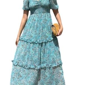 Sheetal Associates Women's Floral Puff Sleeve High Waist A Line Flowy Long Dress Light Blue