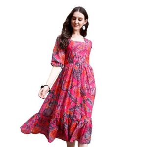 SMOWKLY Women's Georgette Floral Printed Indo-Western Ethnic Gown || Half Sleeve V Neck Fit & Flare Flared Hem Design || Casual Wear A-Line Maxi Dress Pink
