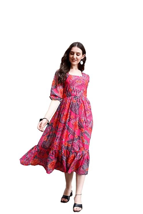 SMOWKLY Women's Georgette Floral Printed Indo-Western Ethnic Gown || Half Sleeve V Neck Fit & Flare Flared Hem Design || Casual Wear A-Line Maxi Dress Pink