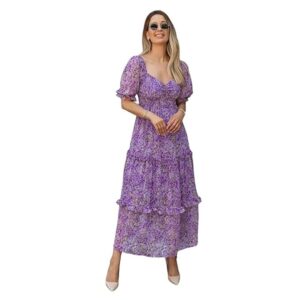 Sheetal Associates Women's Floral Puff Sleeve High Waist A Line Flowy Long Dress Purple