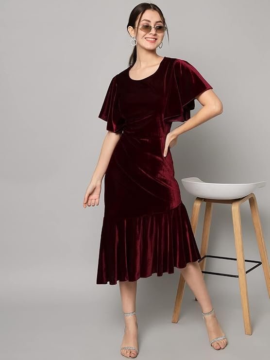 Vaararo Bodycon Party Dress for Women Ruffles Sleeves | Shiny Velvet Fabric Fish Cut Ruffle Bottom Detailing Stylish Casual Outfit Maroon - Image 3