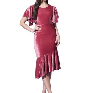 Vaararo Bodycon Party Dress for Women Ruffles Sleeves | Shiny Velvet Fabric Fish Cut Ruffle Bottom Detailing Stylish Casual Outfit Dark Dark Peach