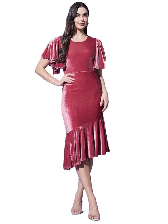 Vaararo Bodycon Party Dress for Women Ruffles Sleeves | Shiny Velvet Fabric Fish Cut Ruffle Bottom Detailing Stylish Casual Outfit Dark Dark Peach