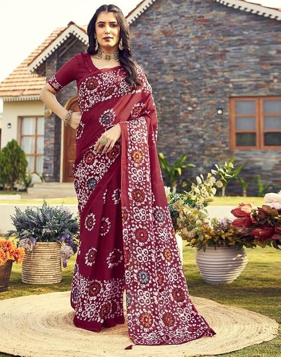 SIRIL Women's Cotton Printed Ready To Wear Saree With Unstitched Blouse Piece Maroon - Image 3