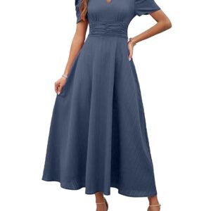 Shasmi Girl's & Women's Solid Color V-Neck A-Line Maxi Dress for Women | New Year Party Outfit | Waist Cinched Puff Sleeve Western Dress | Elegant Casual Wear (Dress 246) Indigo Blue