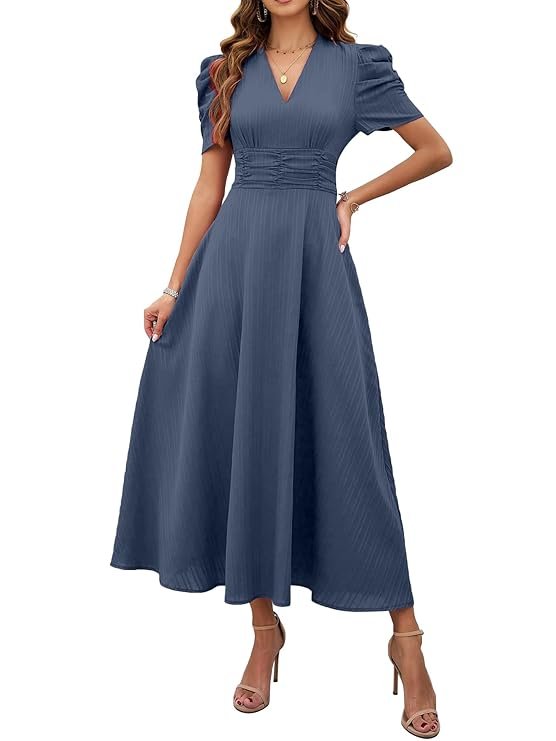Shasmi Girl's & Women's Solid Color V-Neck A-Line Maxi Dress for Women | New Year Party Outfit | Waist Cinched Puff Sleeve Western Dress | Elegant Casual Wear (Dress 246) Indigo Blue