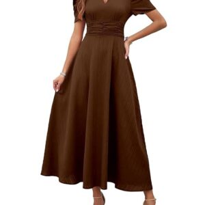 Shasmi Girl's & Women's Solid Color V-Neck A-Line Maxi Dress for Women | New Year Party Outfit | Waist Cinched Puff Sleeve Western Dress | Elegant Casual Wear (Dress 246) Brown