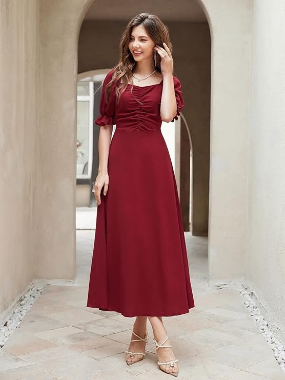 Shasmi Girl's & Women's Solid A-Line Ruched Puff Sleeve Maxi Long Evening One Piece Long Dress for Women Stylish (Dress 131) Maroon - Image 3