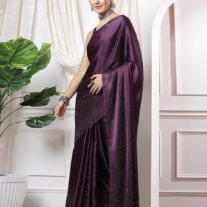 Satrani Women's Satin Silk Hot Fixing Saree with Unstitched Blouse Piece Wine