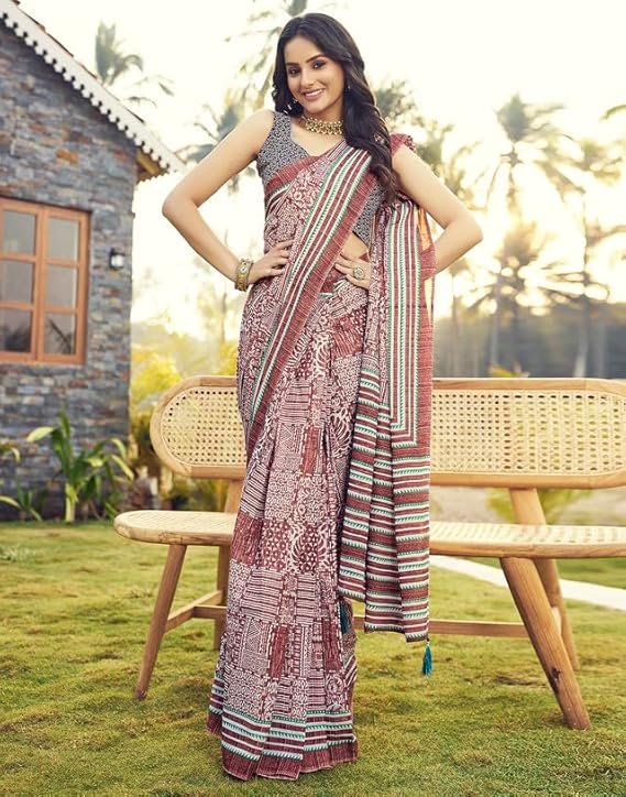 SIRIL Women's Cotton Printed Ready To Wear Saree With Unstitched Blouse Piece Light Maroon - Image 3