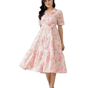 Stylum Women's Floral Printed Cotton Flared Dress Baby Pink