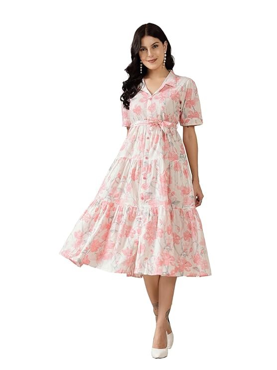 Stylum Women's Floral Printed Cotton Flared Dress Baby Pink