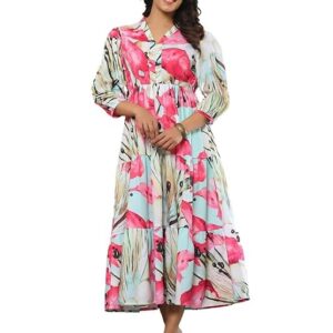 Leriya Fashion Women?s Floral High-Low Maxi Dress | V-Neck A-Line Fit | 3/4 Sleeve Summer Outfit for Vacation, Brunch, Festive & Beach Wear Pink