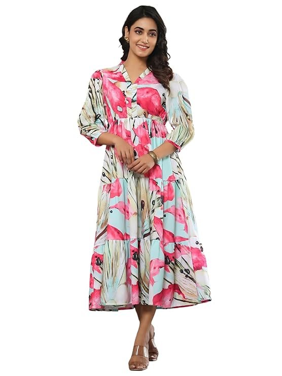 Leriya Fashion Women?s Floral High-Low Maxi Dress | V-Neck A-Line Fit | 3/4 Sleeve Summer Outfit for Vacation, Brunch, Festive & Beach Wear Pink