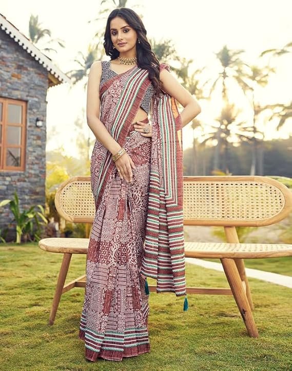 SIRIL Women's Cotton Printed Ready To Wear Saree With Unstitched Blouse Piece Light Maroon - Image 2