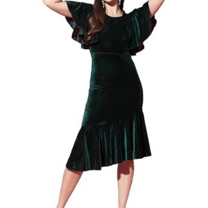 Vaararo Bodycon Party Dress for Women Ruffles Sleeves | Shiny Velvet Fabric Fish Cut Ruffle Bottom Detailing Stylish Casual Outfit Bottle Green