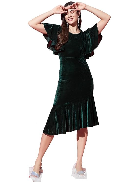 Vaararo Bodycon Party Dress for Women Ruffles Sleeves | Shiny Velvet Fabric Fish Cut Ruffle Bottom Detailing Stylish Casual Outfit Bottle Green