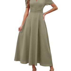 Shasmi Girl's & Women's Solid Color V-Neck A-Line Maxi Dress for Women | New Year Party Outfit | Waist Cinched Puff Sleeve Western Dress | Elegant Casual Wear (Dress 246) Pista