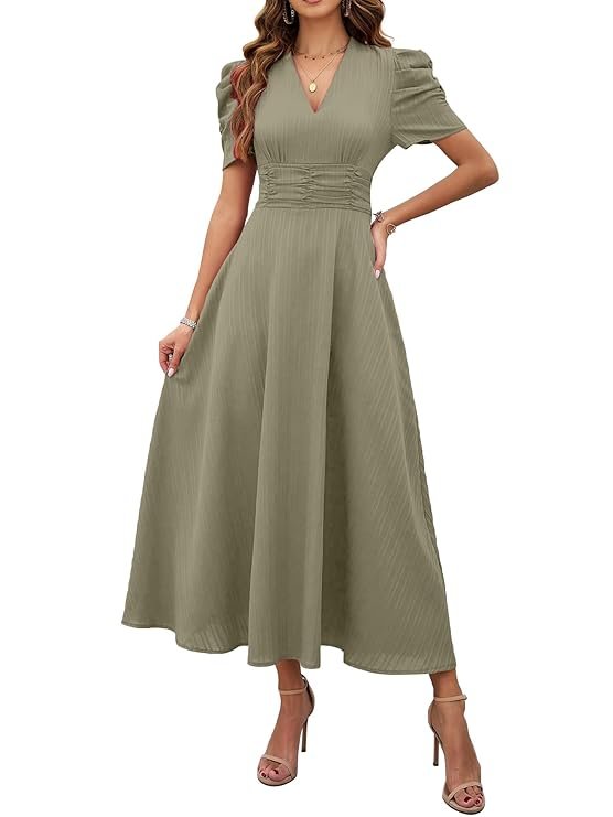 Shasmi Girl's & Women's Solid Color V-Neck A-Line Maxi Dress for Women | New Year Party Outfit | Waist Cinched Puff Sleeve Western Dress | Elegant Casual Wear (Dress 246) Pista