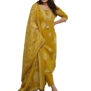 PARTHVI|Women's Pure Cotton Printed with Handwork Kurta with Pants and Dupatta Set | Ethnic Set | Suit Set | Kurta Set | Wedding Suit Set Yellow