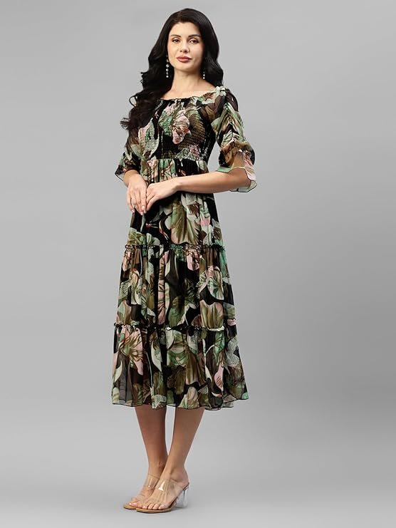 KUDUZO Women Dress | One Piece Dress for Women | Dresses for Women | Dress for Women Stylish | Dress | One Piece Dress for Women Long | Midi Dress Black