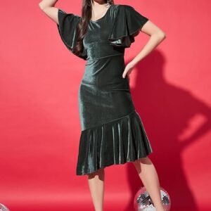 Vaararo Bodycon Party Dress for Women Ruffles Sleeves | Shiny Velvet Fabric Fish Cut Ruffle Bottom Detailing Stylish Casual Outfit Dark Olive Green