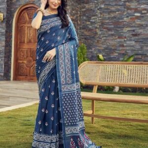 SIRIL Women's Cotton Printed Ready To Wear Saree With Unstitched Blouse Piece Teal Blue