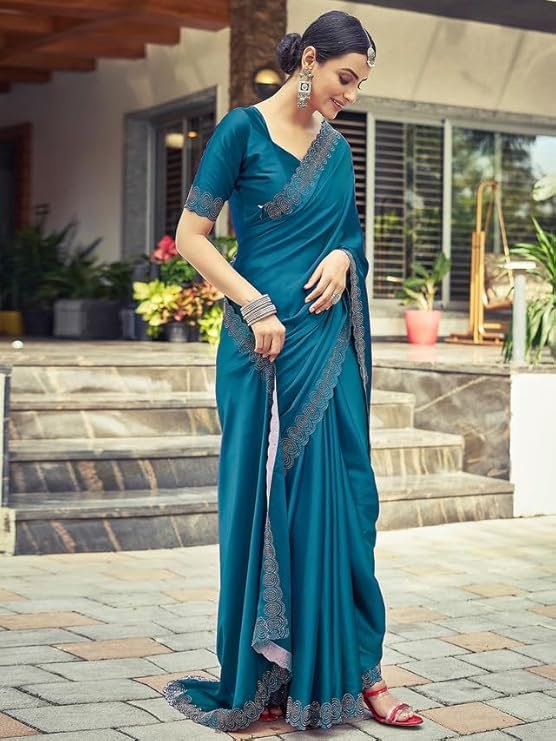 Satrani Women's Satin Silk Hot Fixing Saree with Unstitched Blouse Piece Teal - Image 4