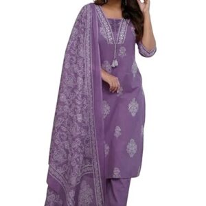 PARTHVI|Women's Pure Cotton Printed with Handwork Kurta with Pants and Dupatta Set | Ethnic Set | Suit Set | Kurta Set | Wedding Suit Set Purple