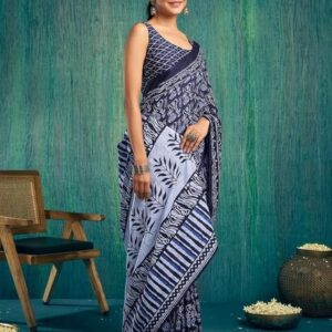 SIRIL Women's Cotton Printed Ready To Wear Saree With Unstitched Blouse Piece Dark Blue