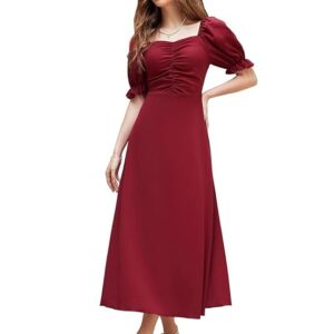 Shasmi Girl's & Women's Solid A-Line Ruched Puff Sleeve Maxi Long Evening One Piece Long Dress for Women Stylish (Dress 131) Maroon