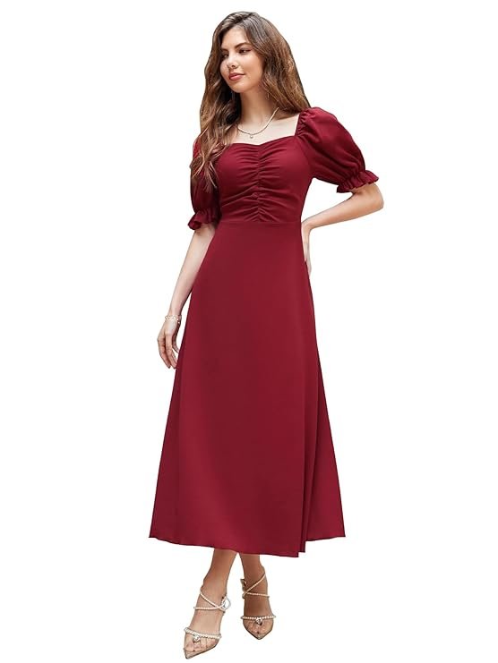 Shasmi Girl's & Women's Solid A-Line Ruched Puff Sleeve Maxi Long Evening One Piece Long Dress for Women Stylish (Dress 131) Maroon