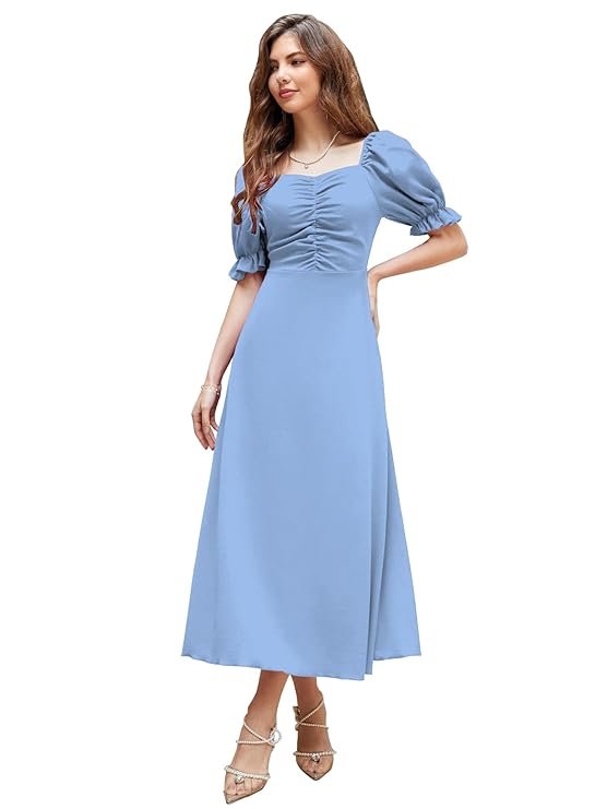 Shasmi Girl's & Women's Solid A-Line Ruched Puff Sleeve Maxi Long Evening One Piece Long Dress for Women Stylish (Dress 131) Light Blue