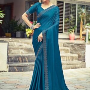 Satrani Women's Satin Silk Hot Fixing Saree with Unstitched Blouse Piece Teal