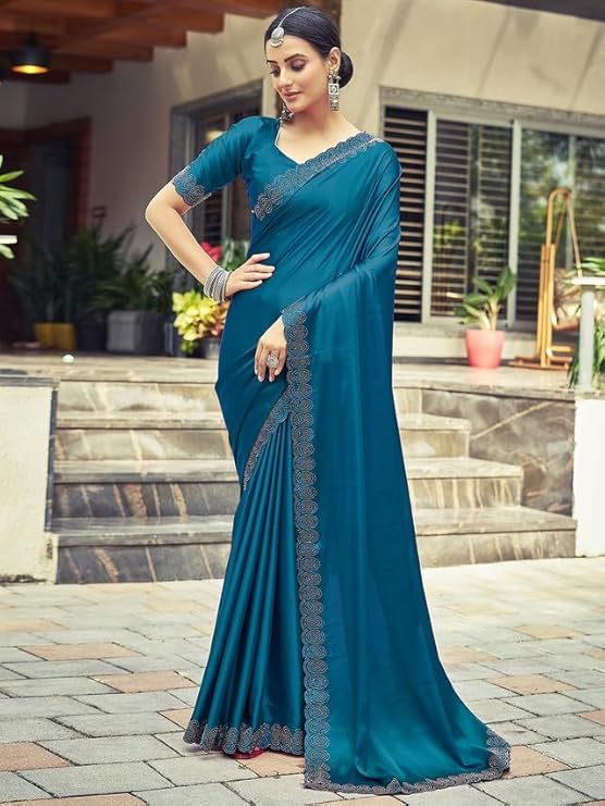 Satrani Women's Satin Silk Hot Fixing Saree with Unstitched Blouse Piece Teal