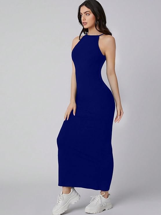 Aahwan Solid Halter Neck Solid Bodycon Midi Dress for Women's & Girl's Airforce Blue - Image 3