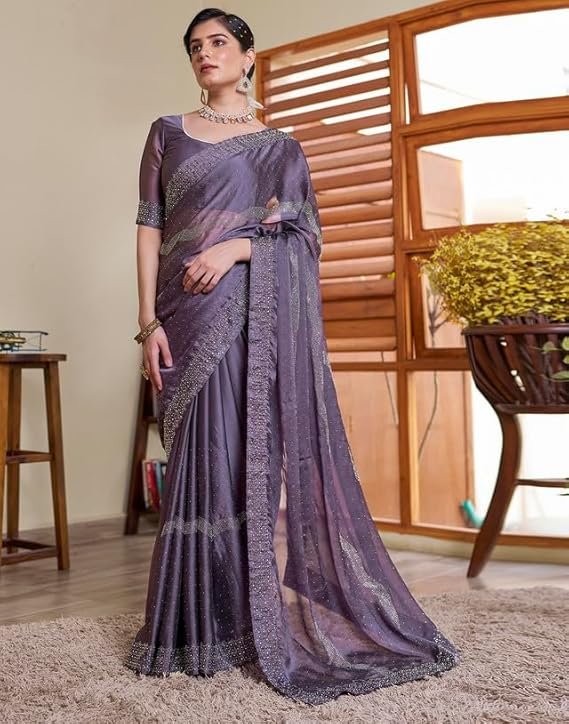 SIRIL Women's Chiffon Hot Fixing Stone Work Saree With Unstitched Blouse Piece Mauve - Image 2