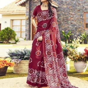 SIRIL Women's Cotton Printed Ready To Wear Saree With Unstitched Blouse Piece Maroon