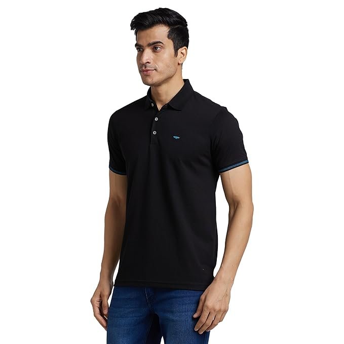 Park Avenue Men's Cotton Polyester Blend Solid Pattern Slim Fit Rib Collar Polo Neck Half Sleeve Casual T-Shirt - Image 2