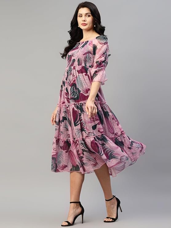 KUDUZO Women Dress | One Piece Dress for Women | Dresses for Women | Dress for Women Stylish | Dress | One Piece Dress for Women Long | Midi Dress Pink