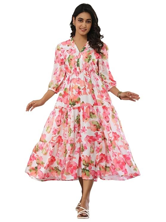 Leriya Fashion Women?s Floral High-Low Maxi Dress | V-Neck A-Line Fit | 3/4 Sleeve Summer Outfit for Vacation, Brunch, Festive & Beach Wear Light Pink