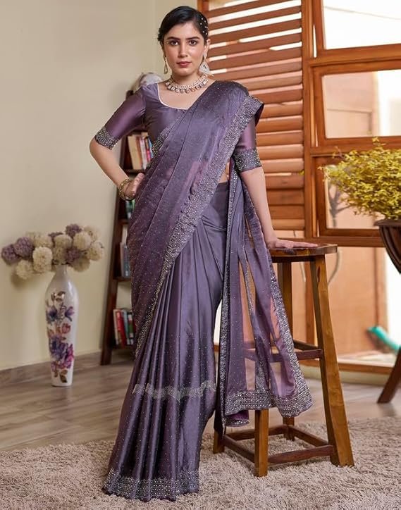 SIRIL Women's Chiffon Hot Fixing Stone Work Saree With Unstitched Blouse Piece Mauve - Image 4