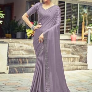 Satrani Women's Satin Silk Hot Fixing Saree with Unstitched Blouse Piece Light Purple